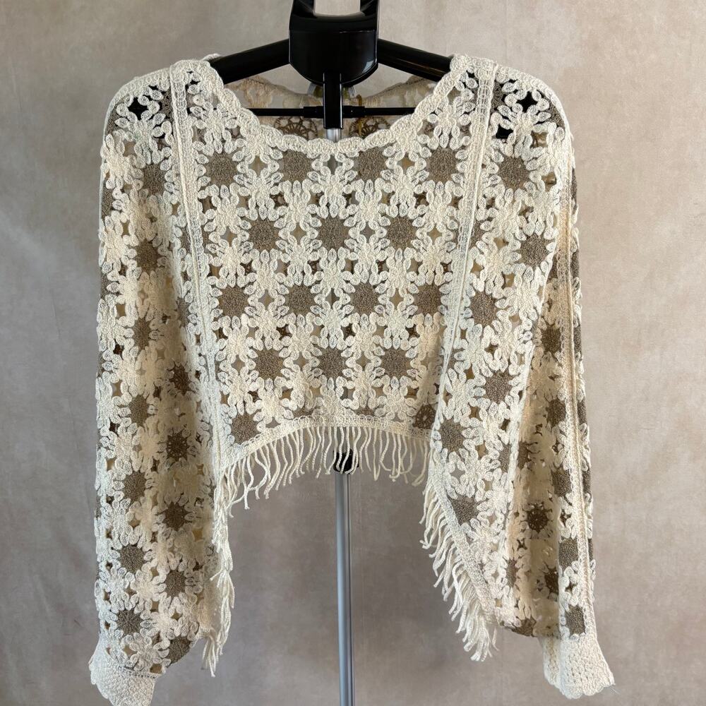 House of Harlow 1960 Crochet Knit Fringe Poncho Sweater Top Boho One Size NWT